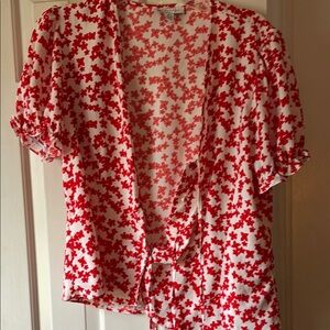 Topshop Red and White Flutter Sleeve Blouse with Tie Front
